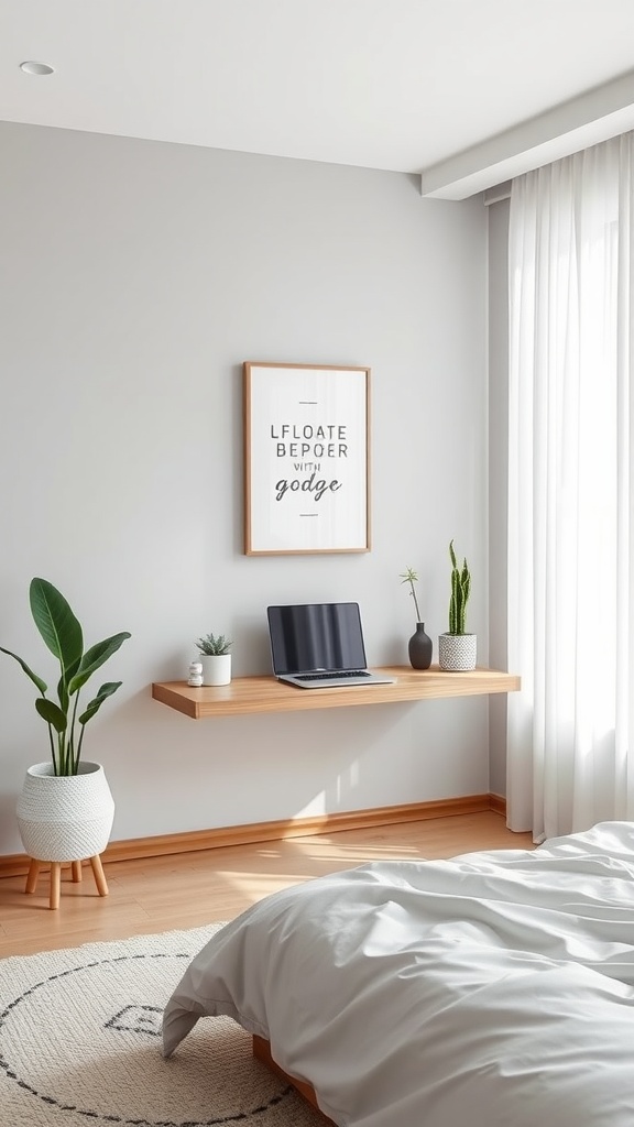 A minimalist bedroom featuring a floating desk with a laptop, plants, and soft bedding.