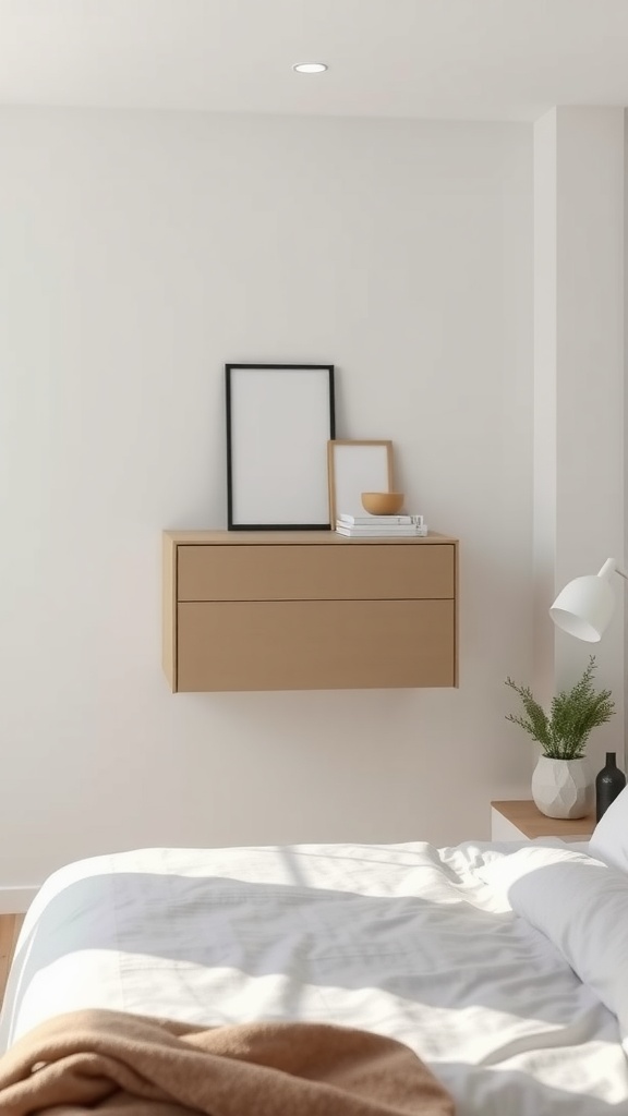 A modern floating dresser in a small bedroom with decorative items on top.