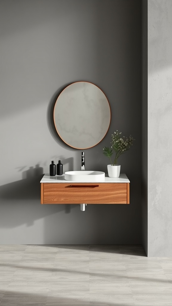 A modern floating dressing table with a round mirror, set against a gray wall.