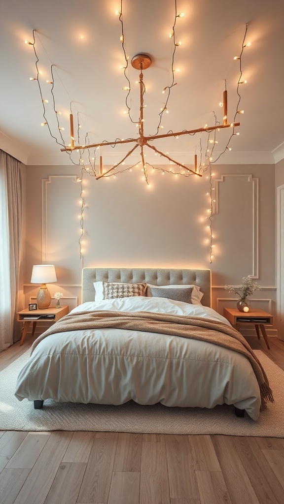A cozy bedroom with floating fairy lights above the bed, creating a warm and inviting atmosphere.