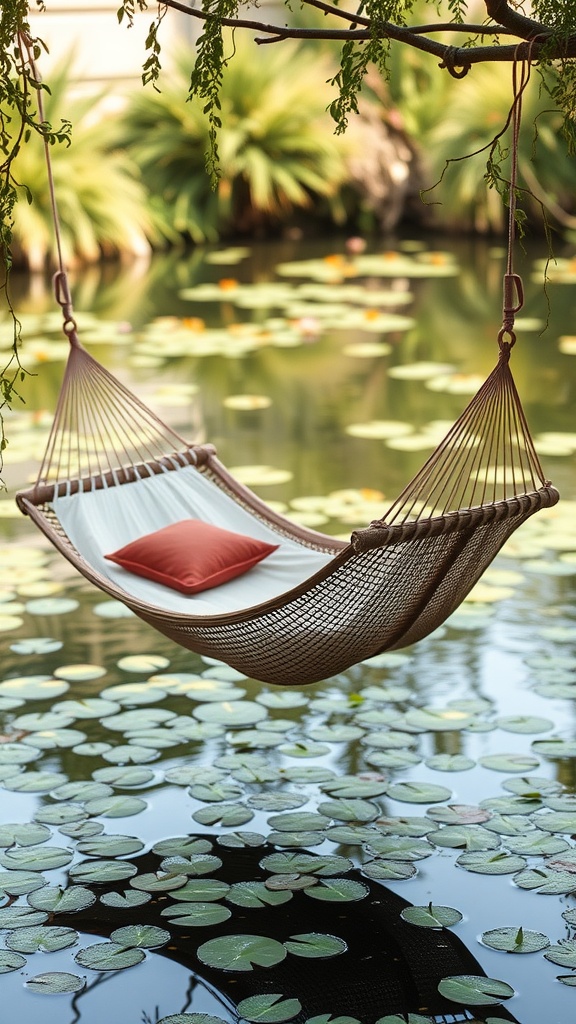 A hammock suspended over a tranquil pond with lily pads, featuring a cozy cushion.