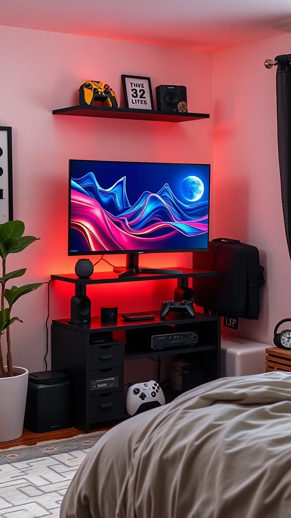 A stylish gamer bedroom featuring a floating monitor stand, with ambient lighting and organized gaming setup.