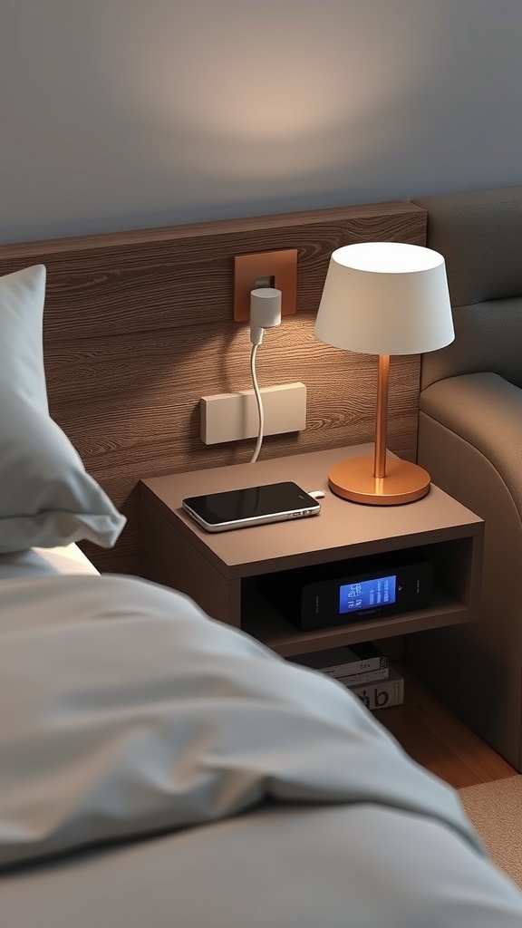A modern floating nightstand with a built-in charging station, lamp, and smartphone on top.