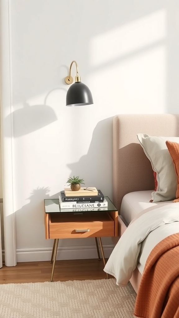 A modern floating nightstand with a glass top, featuring a wooden drawer, books, and a small plant.