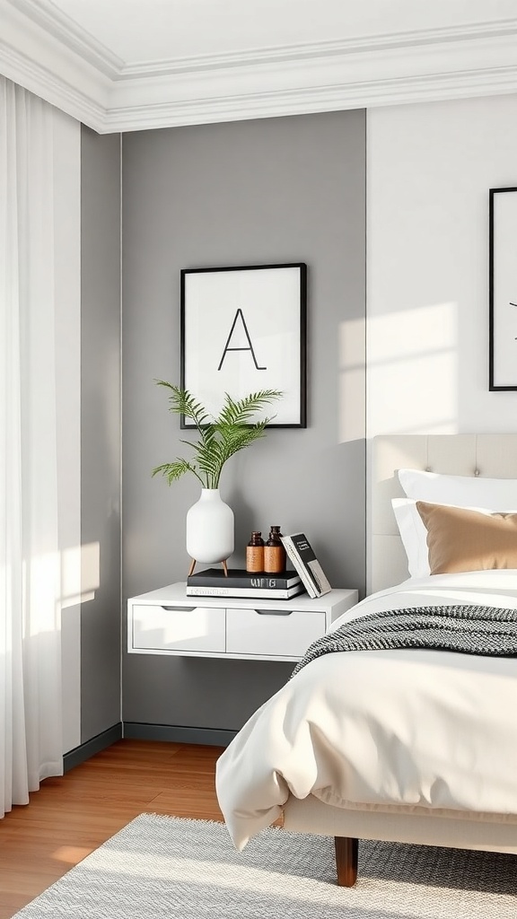 A modern floating nightstand with hidden storage, featuring two drawers and a vase with greenery on top.