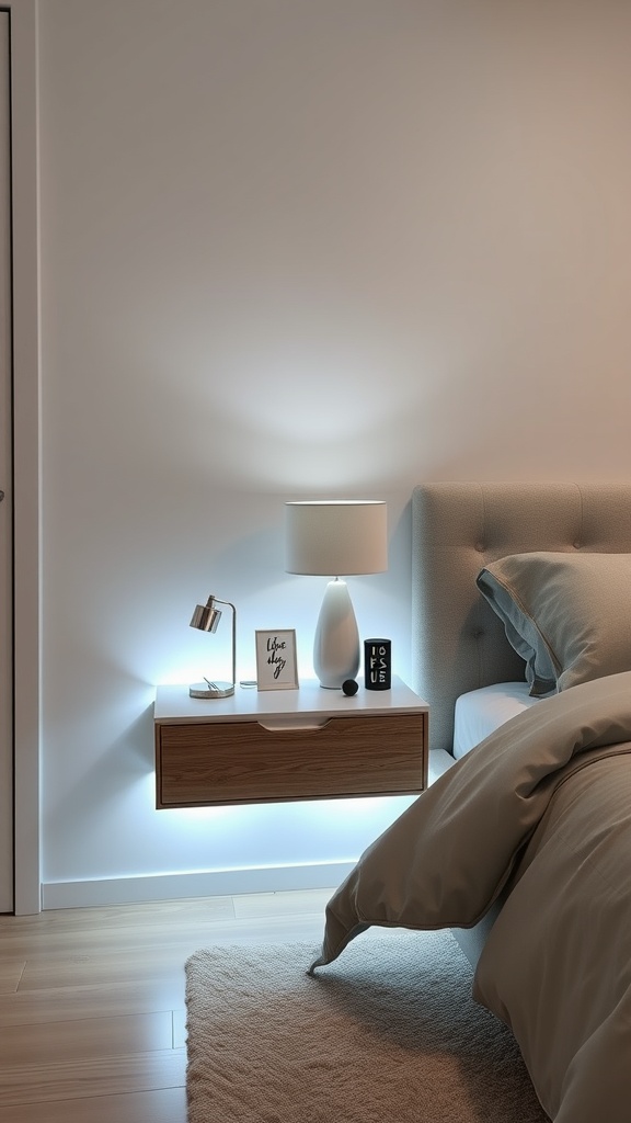 A modern floating nightstand with LED lighting, featuring a lamp and decorative items.