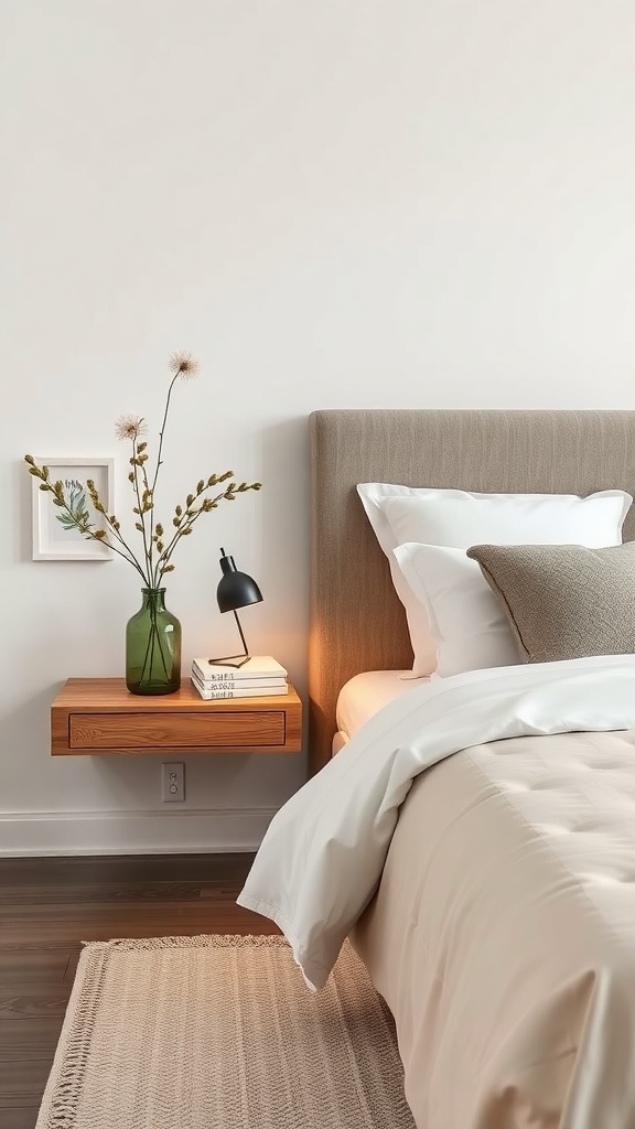A modern bedroom featuring a floating nightstand with a green vase of dried flowers, books, and a lamp.