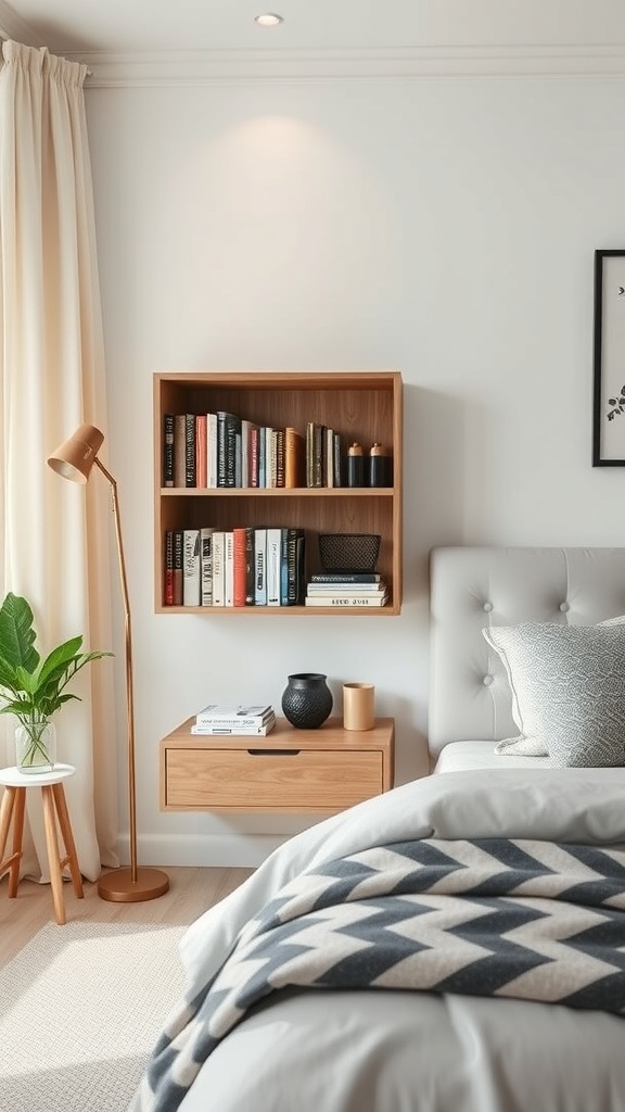 A cozy bedroom featuring a floating nightstand with open shelving, a bedside lamp, and a comfortable bed.