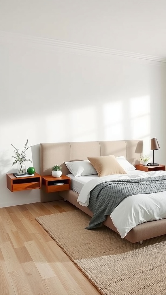 A modern bedroom featuring floating nightstands with plants and lamps.