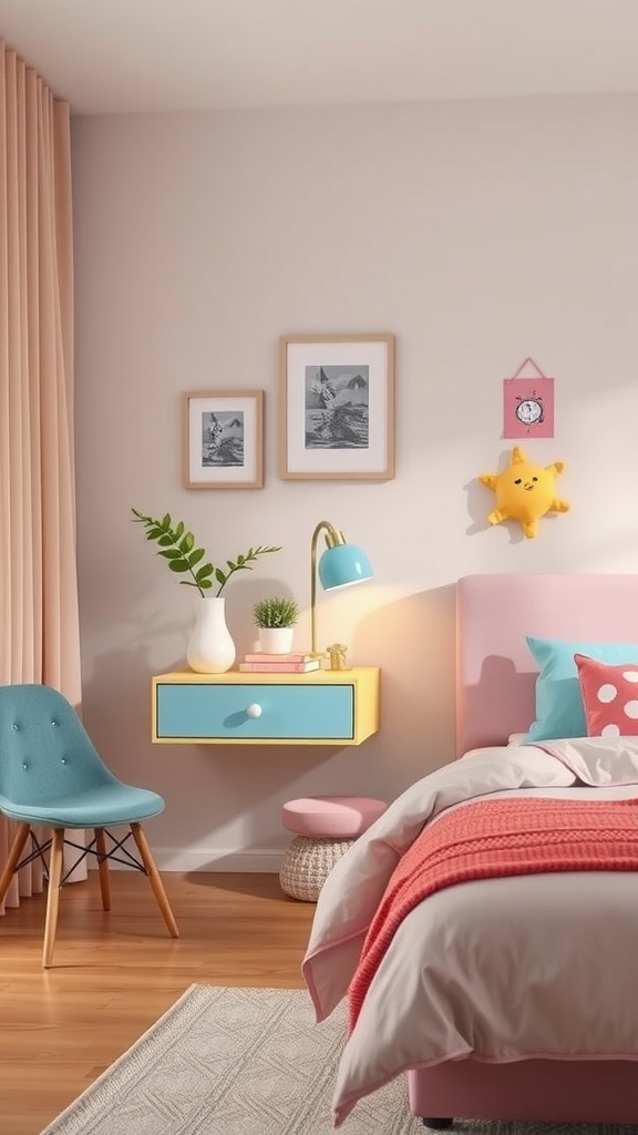 Colorful floating nightstand in a children's room with vibrant decor