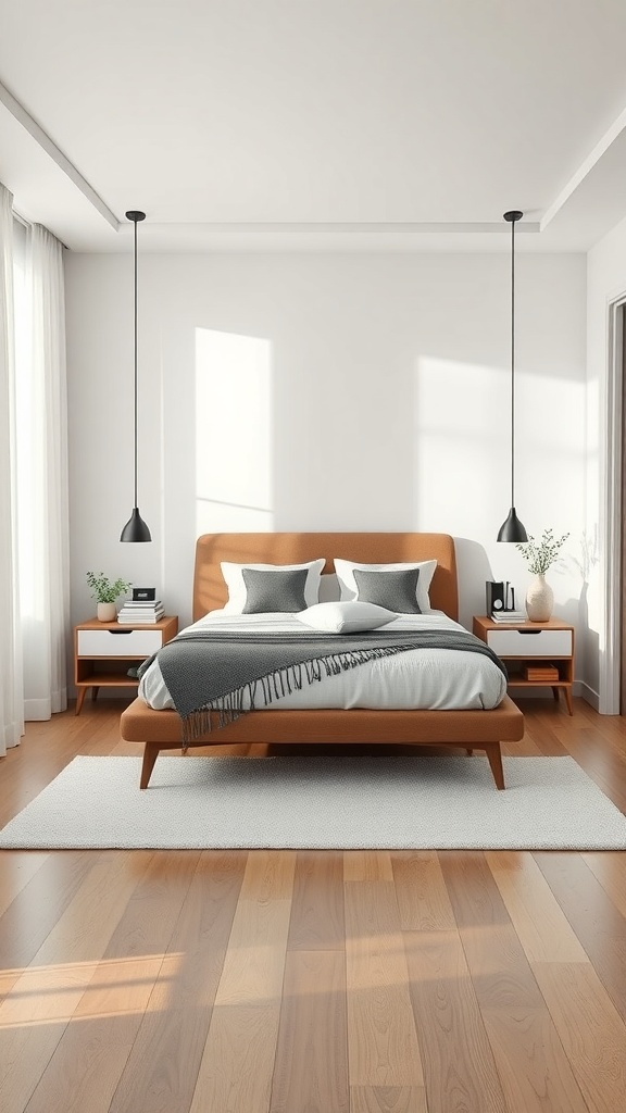 A small square bedroom featuring a bed with floating nightstands, minimal decor, and natural light.