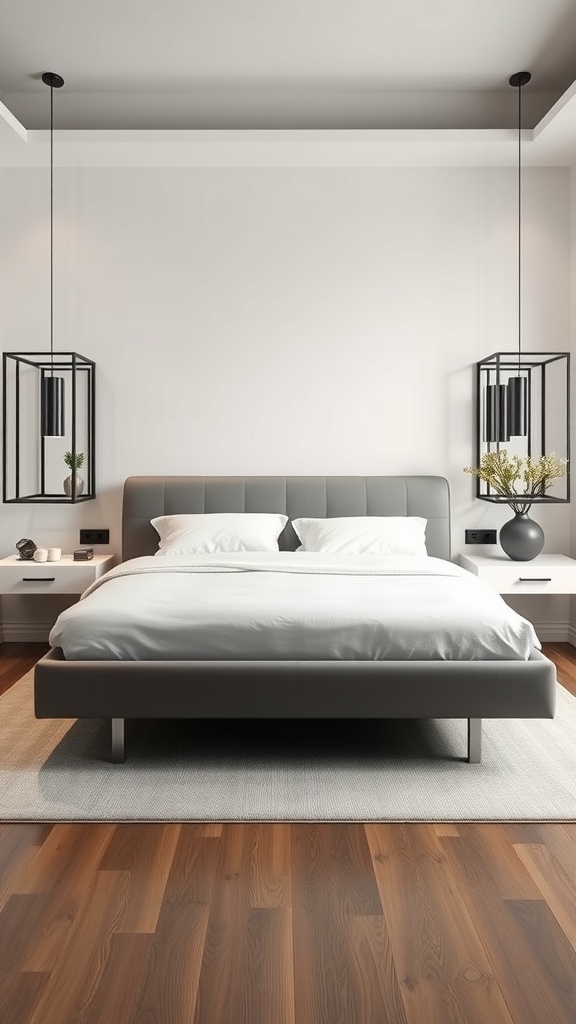 A modern bedroom featuring a king bed and floating nightstands.