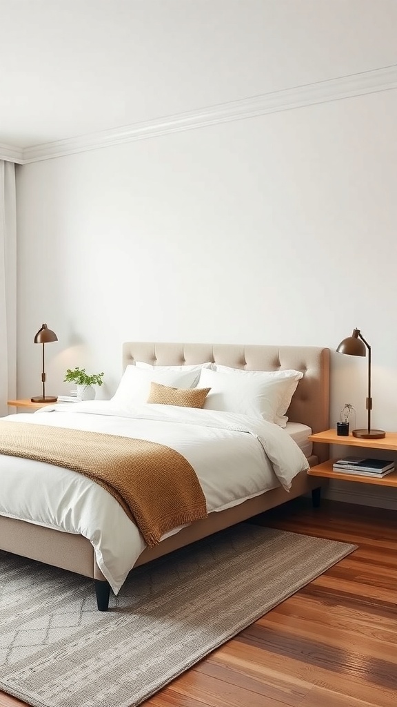 A minimalist bedroom featuring a bed with a beige headboard, white bedding, and floating nightstands on either side.