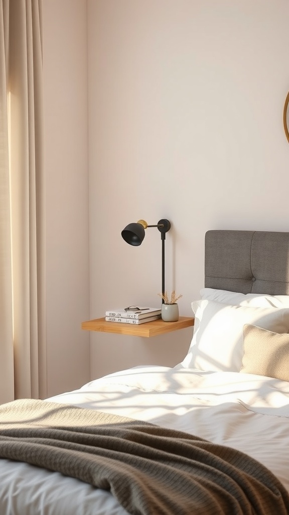 Cozy bedroom corner with a floating nightstand next to a bed, featuring a lamp and stacked books.