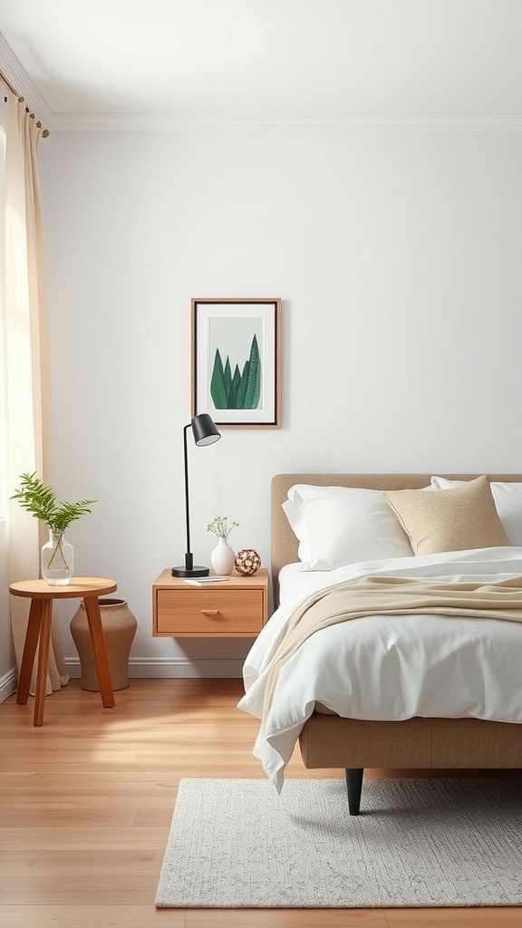 A cozy bedroom featuring a floating nightstand with a lamp and a small plant beside a bed.