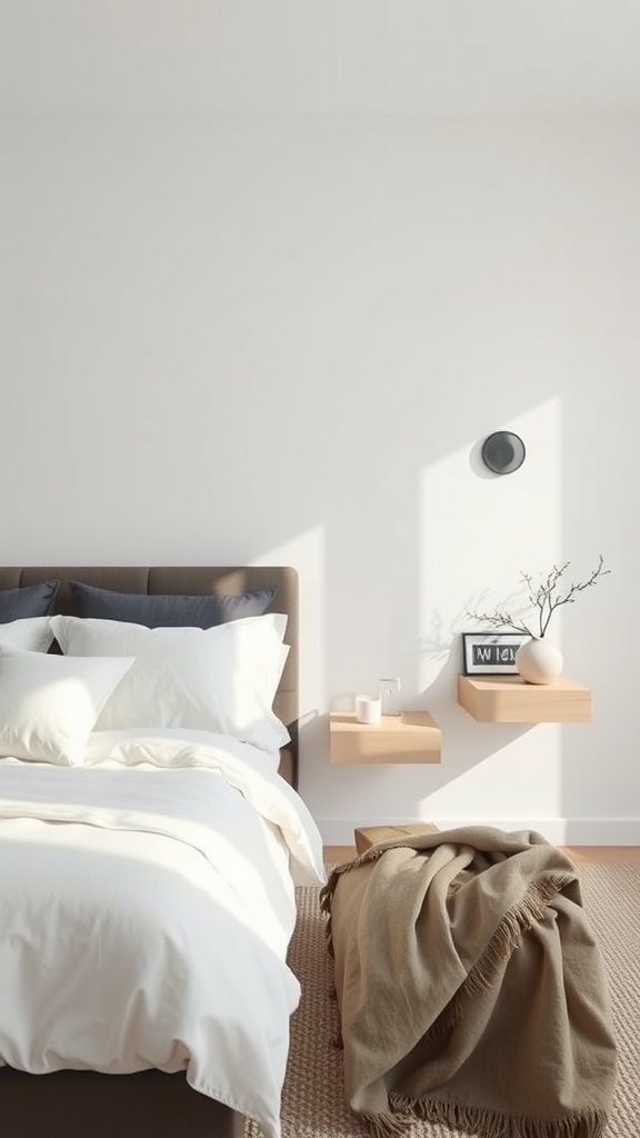 A stylish bedroom featuring a bed, floating nightstands, and cozy decor.
