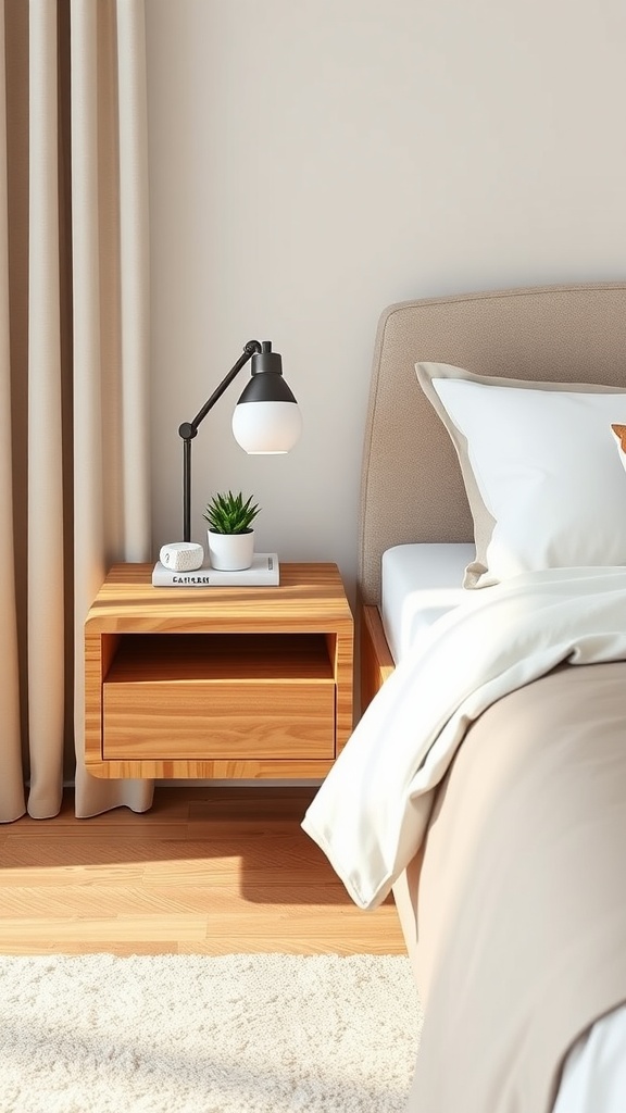 A modern wooden floating nightstand with a lamp and plant, featuring a built-in charging station.