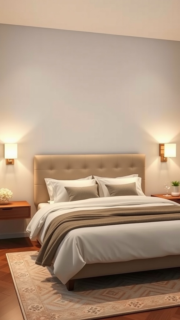 A modern bedroom featuring a floating nightstand with built-in sconces on either side of a stylish bed.
