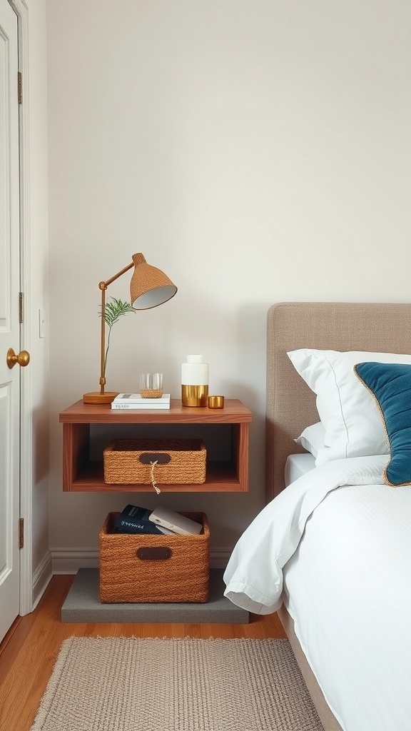A cozy bedroom with a floating nightstand, featuring decorative storage baskets and a lamp.