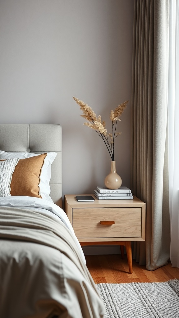 A cozy bedroom featuring a light wood floating nightstand with a drawer, styled with a vase and books.