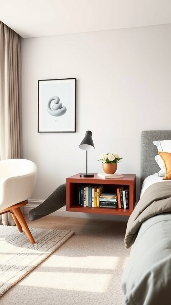 A modern bedroom featuring a floating nightstand with integrated bookshelves, a lamp, and a small plant.