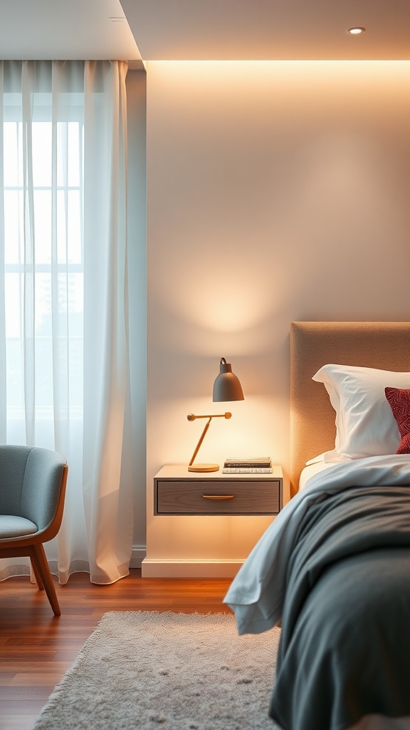 A modern bedroom featuring a floating nightstand with lighting, a cozy atmosphere, and stylish decor.