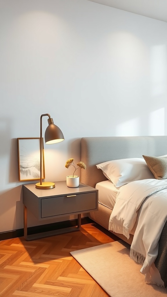 A modern bedroom featuring a floating nightstand with metal accents, a lamp, and decorative items.