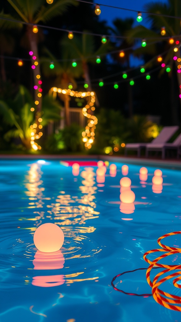 Floating pool lights illuminating a swimming pool at night, surrounded by colorful string lights.