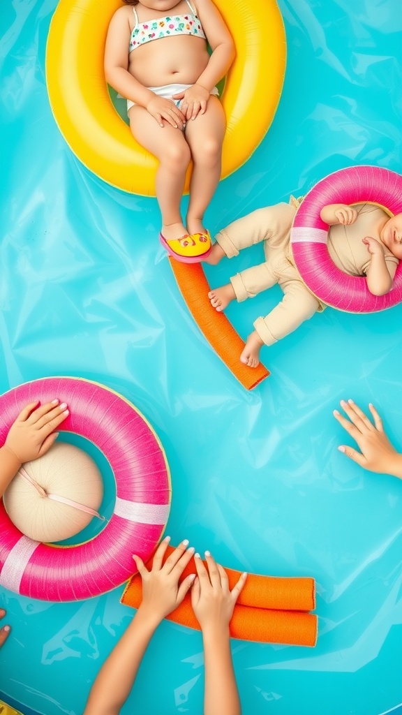 Children playing on colorful inflatable rings in a pool with floating pool noodle rafts.