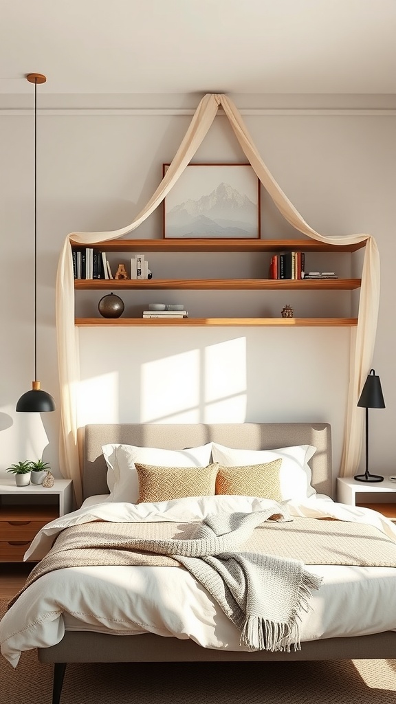 A cozy bedroom featuring floating shelves above the bed with draped fabric for a canopy effect.
