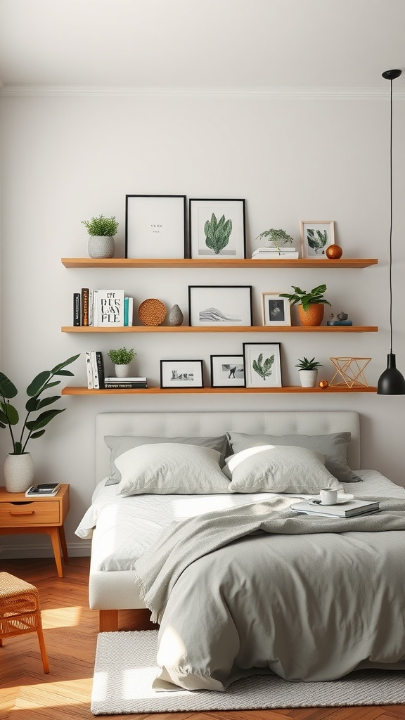 A bedroom with floating shelves displaying plants, framed art, and books above the bed.