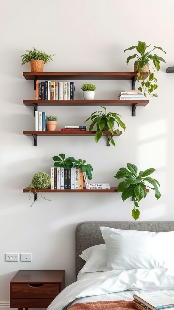 Floating wooden shelves with books and plants in a minimalist bedroom setting