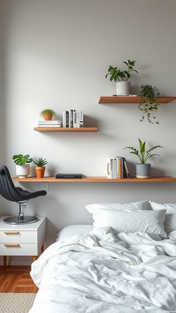 A bedroom featuring floating shelves with plants and books.