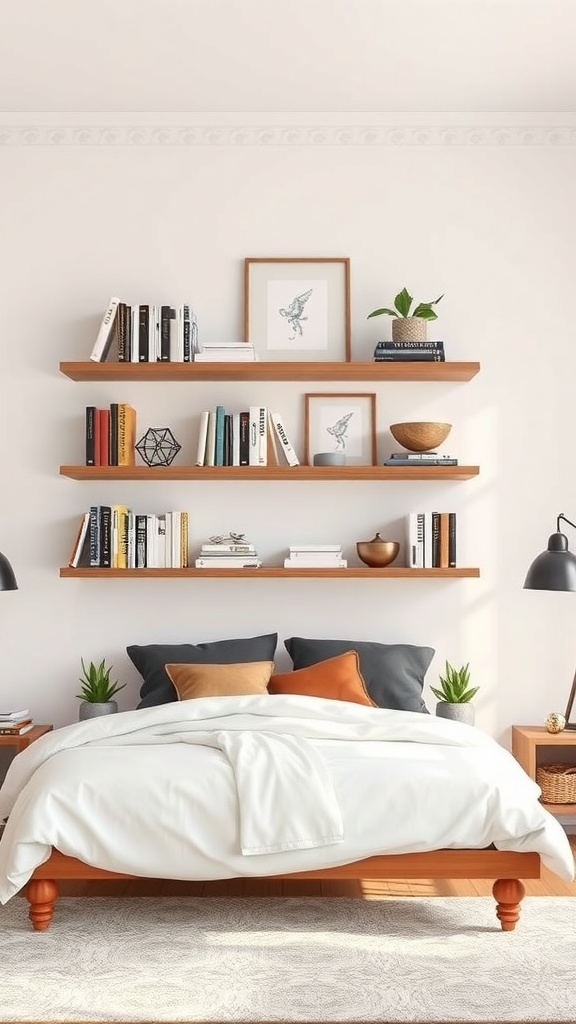A cozy bedroom featuring floating shelves with books, plants, and decorative items above a neatly made bed.