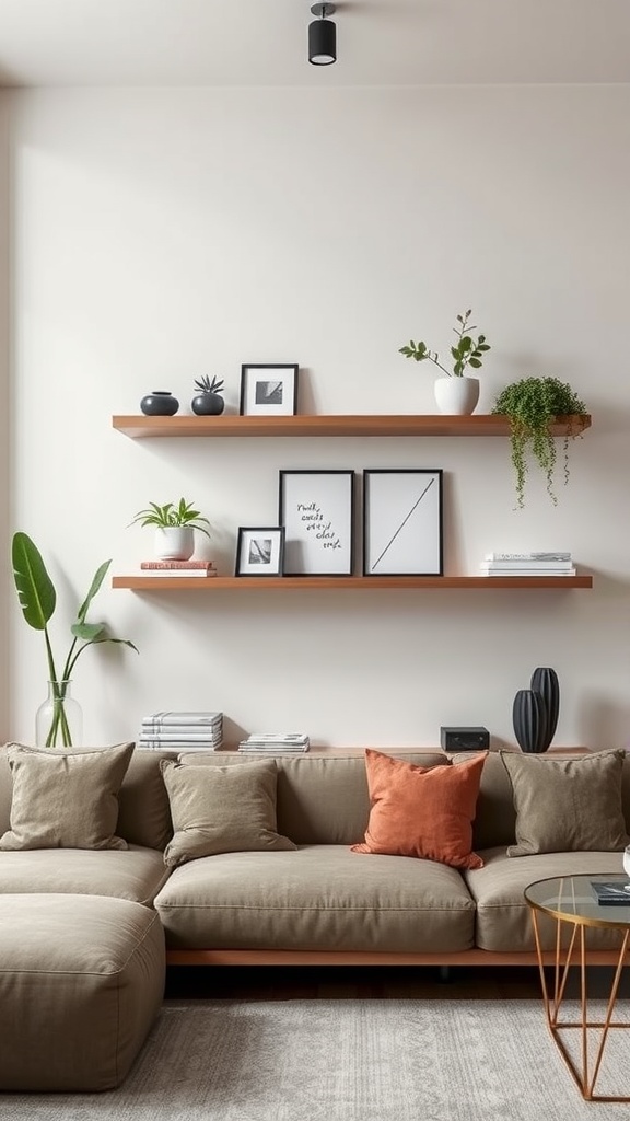 A living room featuring cozy couch, floating shelves with decorative items, and plants.