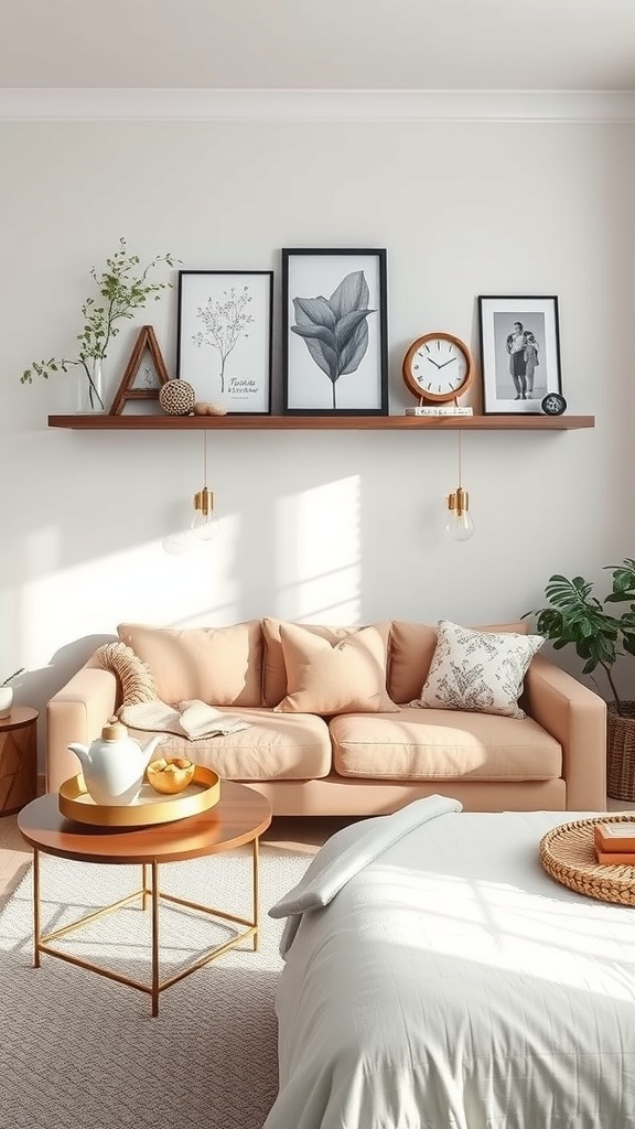 A cozy living room featuring a floating shelf above a peach-colored sofa, decorated with framed art and plants.