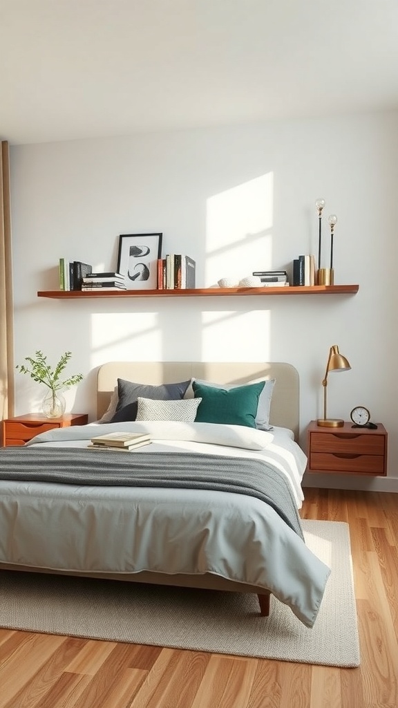 A cozy bedroom with a floating shelf above the bed displaying books and decorative items.