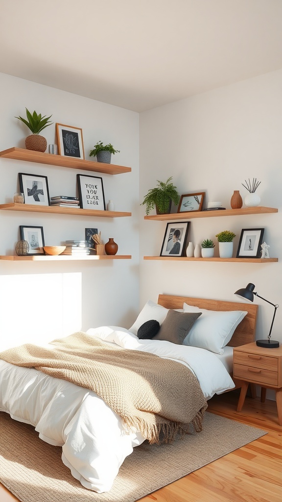 A cozy L-shaped bedroom featuring floating shelves with decorative items and plants.