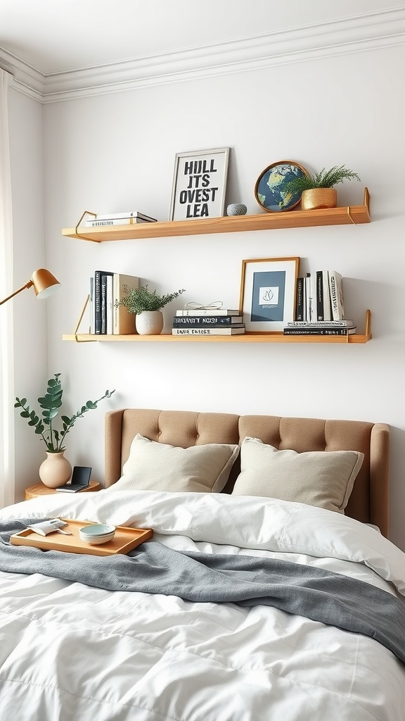 Cozy bedroom with floating shelves displaying books and decor items above a bed.