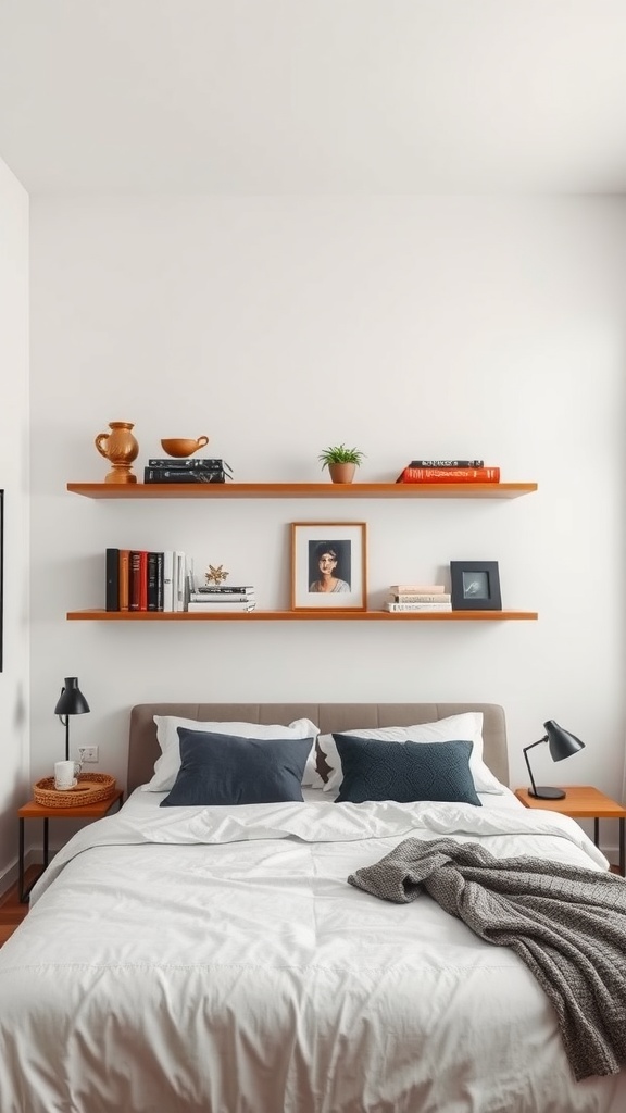 A cozy bedroom featuring a king bed with floating shelves above displaying books, decorative items, and a small plant.