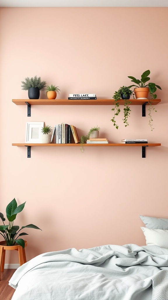 Floating wooden shelves displaying plants and books on a pink wall