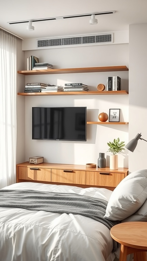 A living room with floating shelves above a TV, displaying books and decorative items.