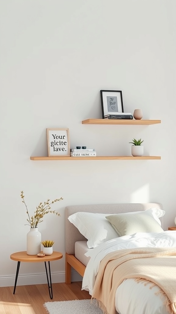 A minimalist bedroom with floating wooden shelves displaying books and decorative items.