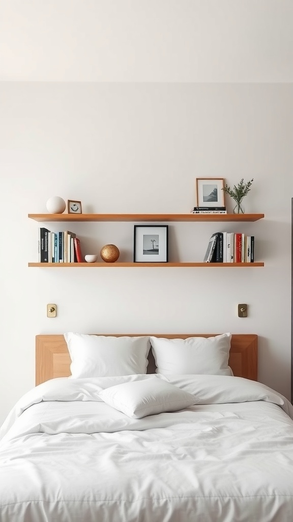 A minimalist bedroom featuring floating shelves above the bed, displaying books and decorative items.