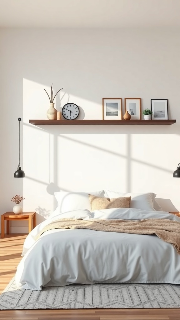 A minimalist bedroom featuring a floating shelf above a bed, displaying a clock, framed pictures, and a small plant.