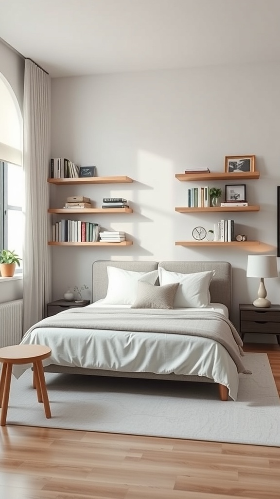 A modern bedroom featuring floating shelves with books and decorative items above a bed.