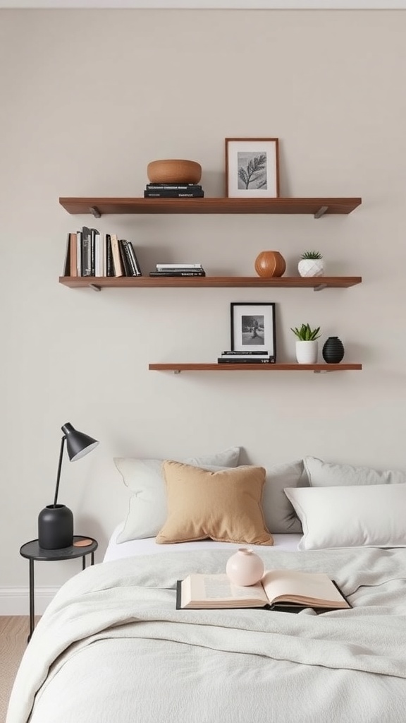 A cozy bedroom featuring three floating wooden shelves with books, decorative items, and plants above a bed.