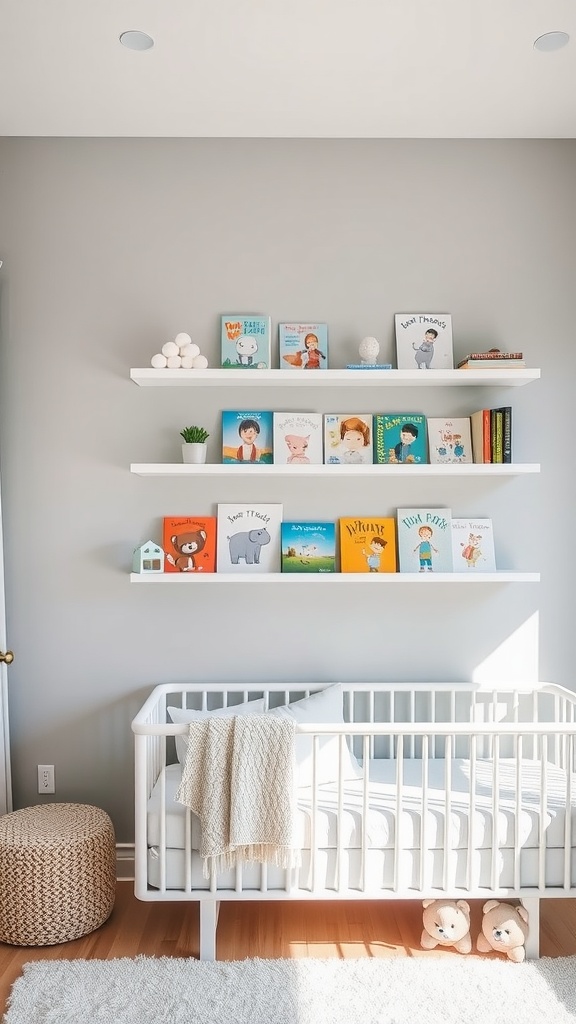 A modern nursery featuring floating shelves displaying colorful children's books, a crib, and a cozy atmosphere.