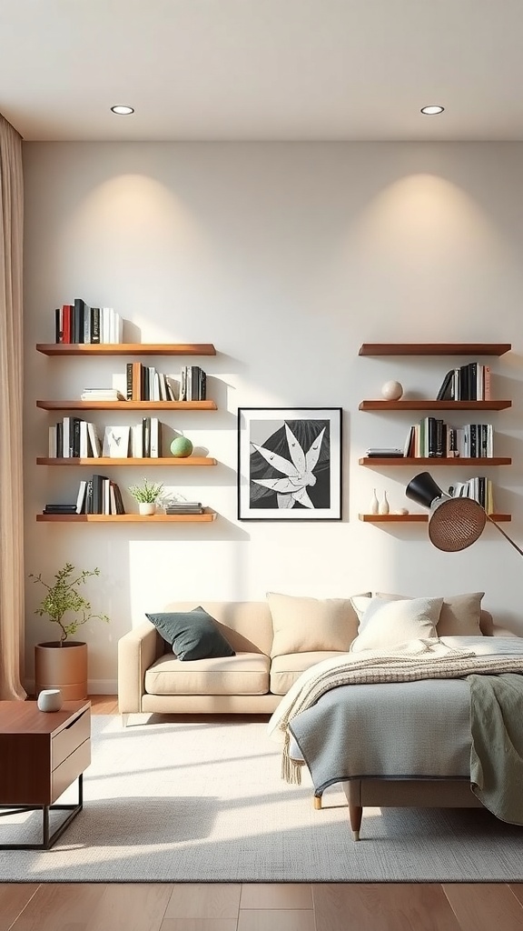 A modern living room with floating shelves displaying books and decor items.