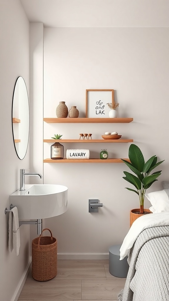 A modern bathroom featuring floating wooden shelves with decorative items and a round mirror.